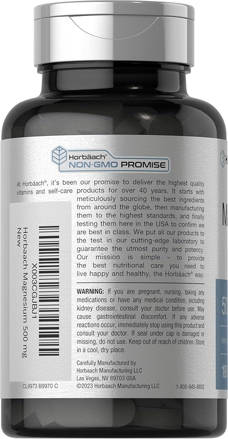 Horbäach Magnesium 500mg | 180 Caplets | Vegetarian, Non-GMO, and Gluten Free Supplement