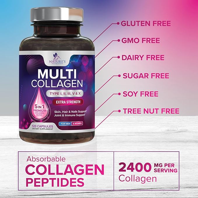 Multi Collagen Pills 2400 mg Per Serving - Advanced Types I, II, III, V, X - Hydrolyzed Multi Collagen Peptides Pills Supplement for Women & Men - Hair, Skin, & Nail Support Supplements - 120 Capsules