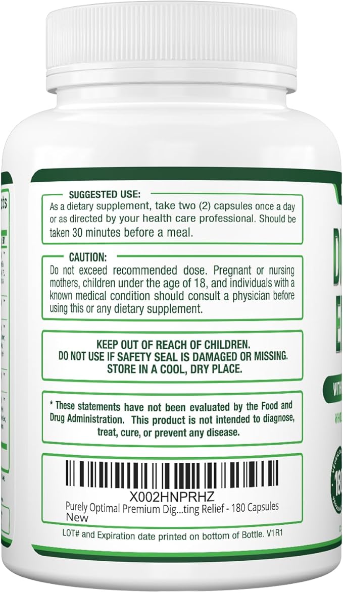 Purely Optimal Digestive Enzymes for Women and Men – Multi-Enzyme Supplement for Bloating Relief, Digestion and Heavy Meal Support – with Probiotics and Prebiotics for Gut Health – 180 Capsules