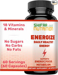 SHIFAA NUTRITION Energize, Natural Daily Energy Vitamins | Jitter-Free, 60 Servings | Supports Focus, Mood, Brain, Metabolism | w/Caffeine & Taurine, B1, B2, B5, B6, B7, B9, B12 Halal Vitamins