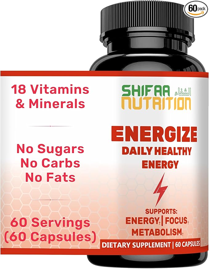 SHIFAA NUTRITION Energize, Natural Daily Energy Vitamins | Jitter-Free, 60 Servings | Supports Focus, Mood, Brain, Metabolism | w/Caffeine & Taurine, B1, B2, B5, B6, B7, B9, B12 Halal Vitamins