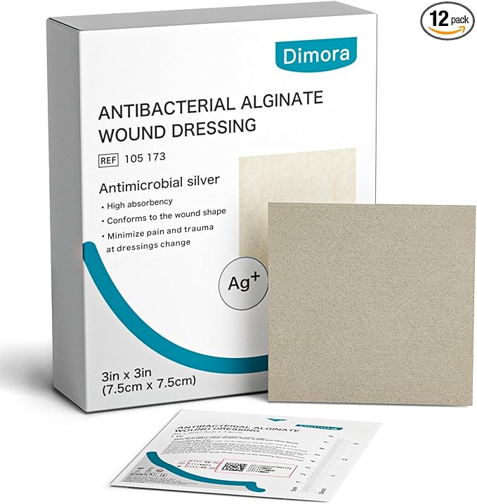 Dimora Upgrade Silver Calcium Alginate Wound Dressing -Antibacterial Non Stick Gauze for Wounds Care, Highly Absorbent Sterile Bandage Pads with Ag, 3'' x 3'' Patches 12 Packs Individual