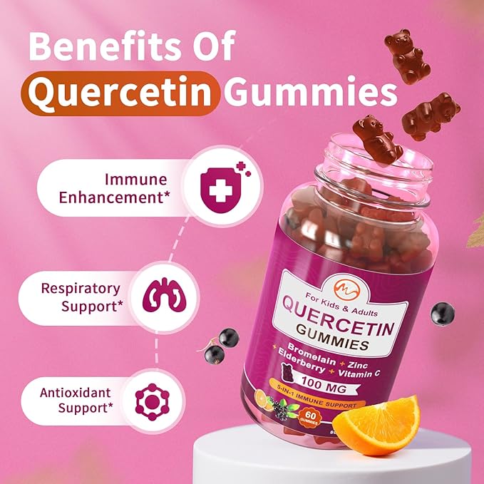 M inch (2 Pack) Quercetin Gummies with Bromelain, Elderberry, Zinc and Vitamin C - Chewable Quercetin 100mg Supplement for Immunity, Allergy, Aging Support - Vegan Gummies for Adult & Kid