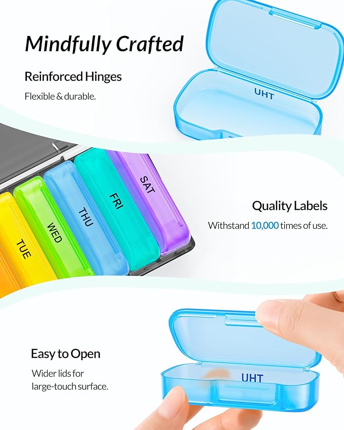 ZIKEE 7 Packs Extra Large Pill Organizer, Portable Pill Box 7 Day for Pocket, Purse, Weekly Pill Case with Dual-Protection Design, Pill Container for Medication, Vitamin, Fish Oil, Supplement, Black