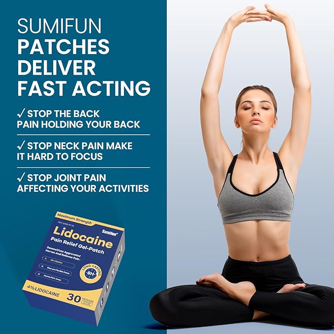 Sumifun 4% Lidocaine Pain Relief Patches 30 Count Maximum Strength Numbing Gel Patch for Back Knee Neck Joint Ache Muscle Soreness Topical Analgesic