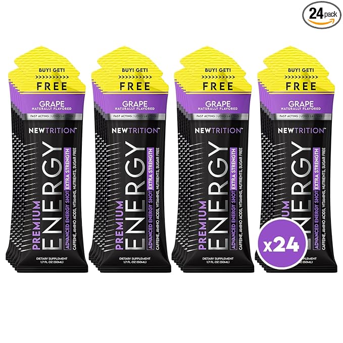 NewTrition® Extra Strength Energy Shots, 1.7 fl oz - 250mg Caffeine with Vitamin B & Amino Acids, Sugar-Free, Zero Calorie Vitamin Energy Drink for Focus & Endurance (Pack of 24, Grape)