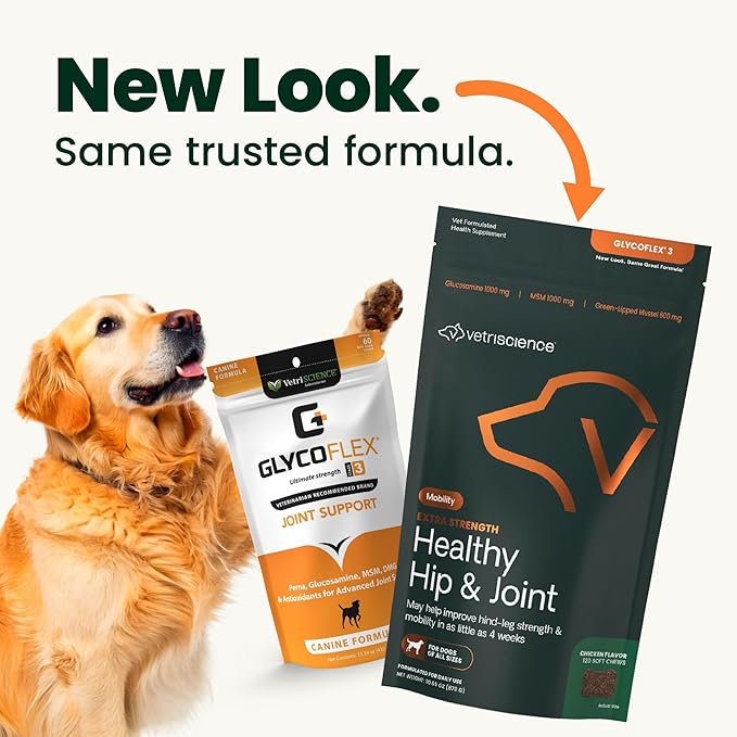 VetriScience Extra Strength Healthy Hip & Joint Chews, GlycoFlex Glucosamine and Green-Lipped Mussel Joint Support Supplement for Dogs, Promote Mobility and Soothe Joint Discomfort, Chicken, 120 Count