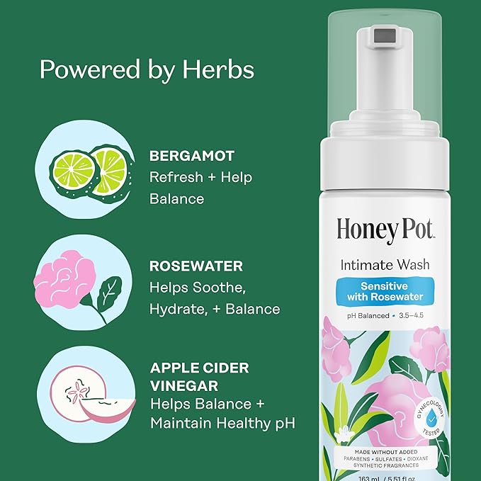 The Honey Pot Company - Feminine Wash - Herbal Infused - Sensitive Skin Types - PH Balanced Plant Based Hygiene Products - Sensitive w/Rosewater - 5.51 Fluid Oz.