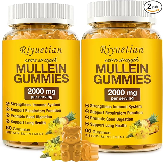Mullein Gummies, 2000mg Organic Mullein Leaf Extract for Clear Lungs, Boost Respiratory & Digestive, Immune Booster for Adults & Kids, Allergy Friendly, Non-GMO, 120 Gummies