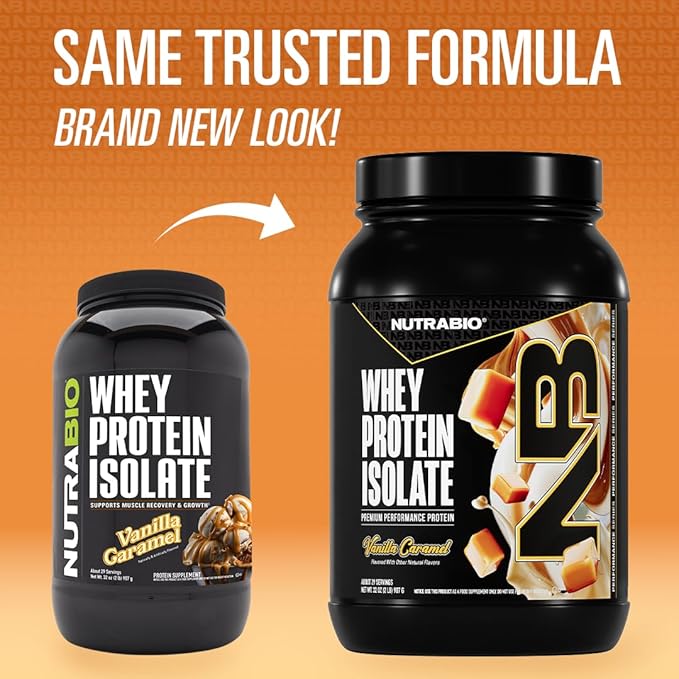 NutraBio 100% Whey Protein Isolate Protein Powder, 25g Protein with Complete Amino Acid Profile, Non-GMO, Soy & Gluten Free, Low Carb, Low Calorie Whey Protein Powder, Vanilla Caramel, 2 Lbs