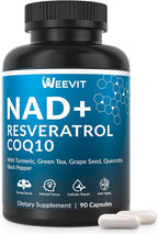 NAD+ Resveratrol Supplement with COQ10, Quercetin, Turmeric, NAD+ Supplement for Men and Women - Energy, Focus & Anti-Aging Support - Gluten Free, Non-GMO