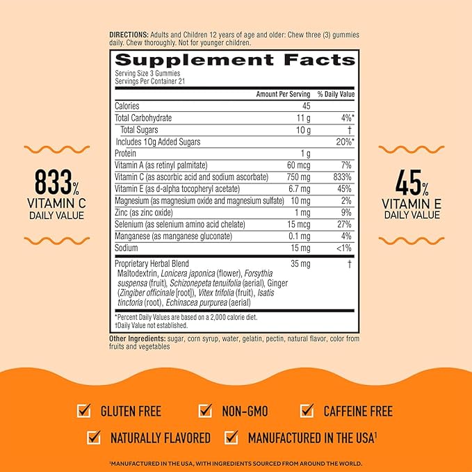 Airborne 750mg Vitamin C Immune Support Supplement Gummies for Adults, Assorted Fruit Flavor, Gluten Free Crafted Blend with Powerful Antioxidants Vitamins A C & E, 42 Gummies (2 Pack)
