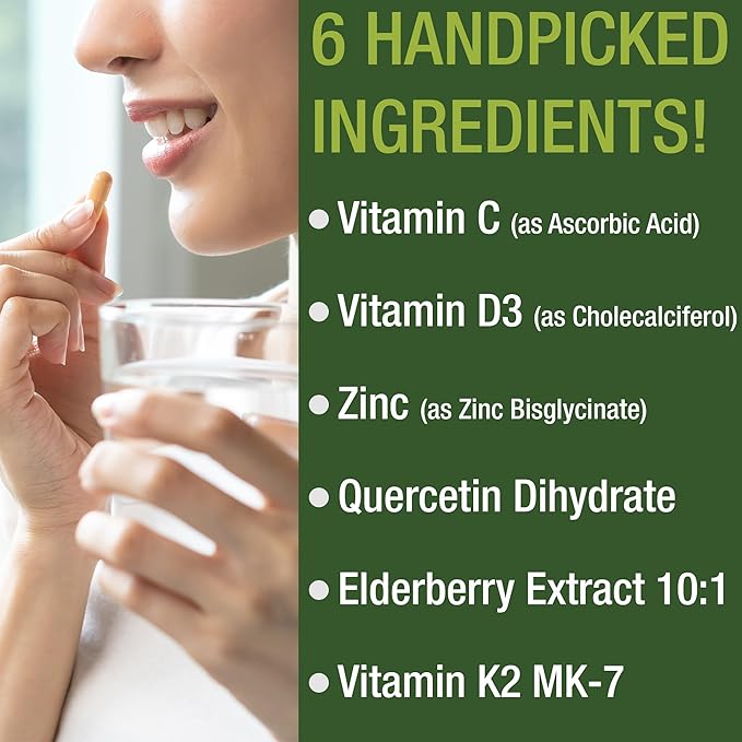 Peak Performance Immune Support Supplement - 6 Top Ingredients Vitamin D3 K2, Vitamin C, Elderberry, Zinc, Quercetin - Includes 5000 IU Vitamin D - Immunity Capsules - Supplements for Women and Men