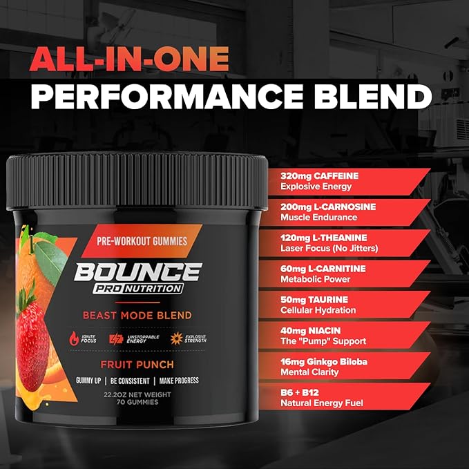 Bounce Pro Pre Beast Mode Workout Gummies with Caffeine, Beta-Alanine & L-Tyrosine for Energy, Focus & Training Intensity (70 Count (Pack of 1), Fruit Punch)