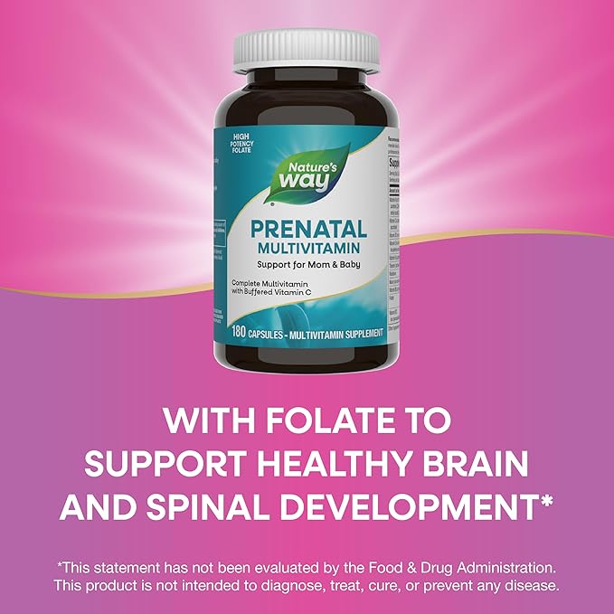 Nature's Way Prenatal Multivitamin, with Folate for Healthy Brain and Spinal Development*, Buffered Vitamin C, B-Vitamins, 180 Capsules (Packaging May Vary)