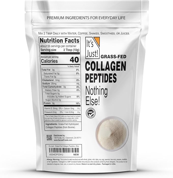 It's Just! - Collagen Peptides (1.25lb) Grass-Fed Protein Powder, Unflavored, GLP-1 Friendly, Heavy Metal Tested by 3rd Party Lab, Type I & III, Hydrolyzed to Dissolve Quickly, 20oz