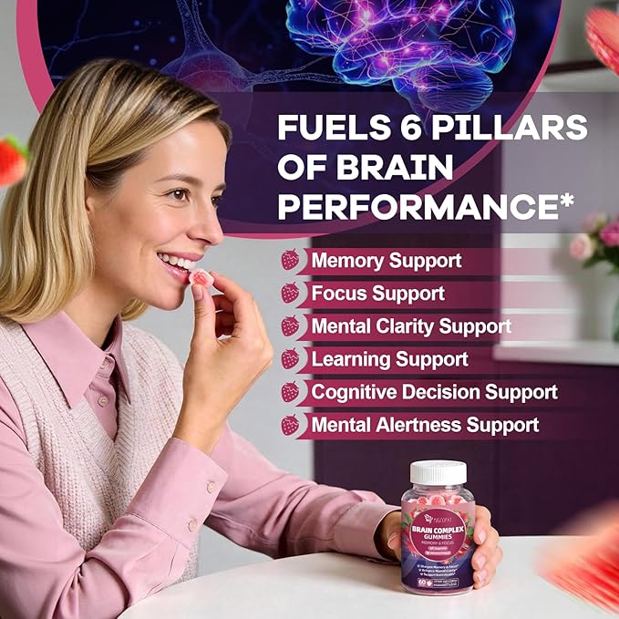 Migcopat Brain Supplements for Memory & Focus – Nootropic Gummies w/Bacopa, Lion’s Mane, Ginkgo & 10-in-1 Mushroom Complex, Mental Clarity & Cognitive Support, Caffeine-Free Strawberry Flavor 60 Cts