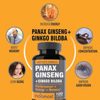 NooMost Authentic Korean Red Panax Ginseng + Ginkgo Biloba, 120 Vegan Capsules, Ginseng Root Extract Powder 1000mg (10% Ginsenosides) + Gingko Biloba 60mg, Energy and Focus Pills for Men and Women