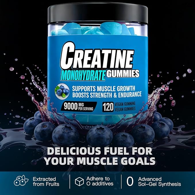 Creatine Monohydrate Gummies,Complex 9000 MG for Men & Women,Pre-Workout Gummies with BCAA, L-Carnitine, Taurine & Vitamin B12 for Enhanced Strength, Energy & Muscle Growth,0 Sugar, Vegan-120 Count