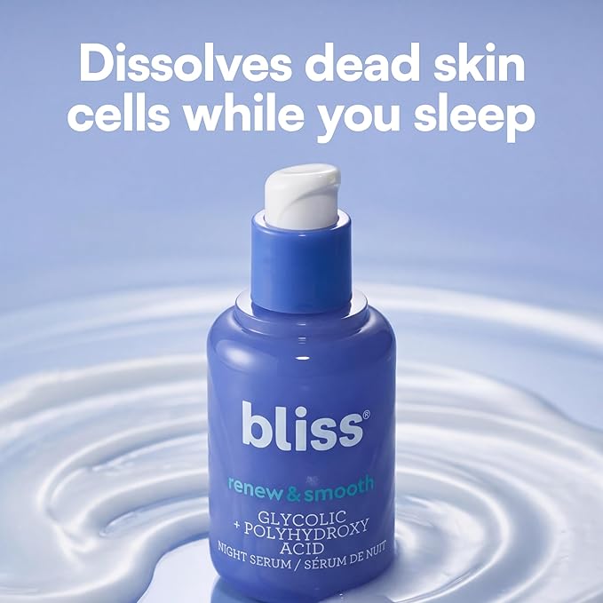 Bliss Renew & Smooth Night Serum – Glycolic Acid + Polyhydroxy Acid Exfoliating Serum – Resurfaces Skin, Smooths Texture & Brightens Tone Overnight – 1 Fl Oz