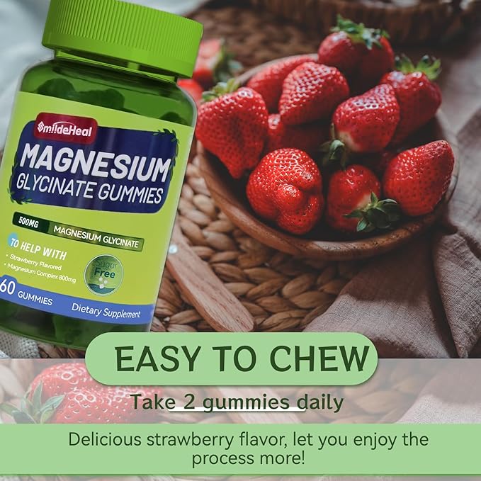Magnesium Glycinate Gummies 500mg with L-Threonate 300mg - Sugar-Free Magnesium Potassium Supplement with Vitamin D, B6, CoQ10 - Strawberry Flavored - 120 Gummies