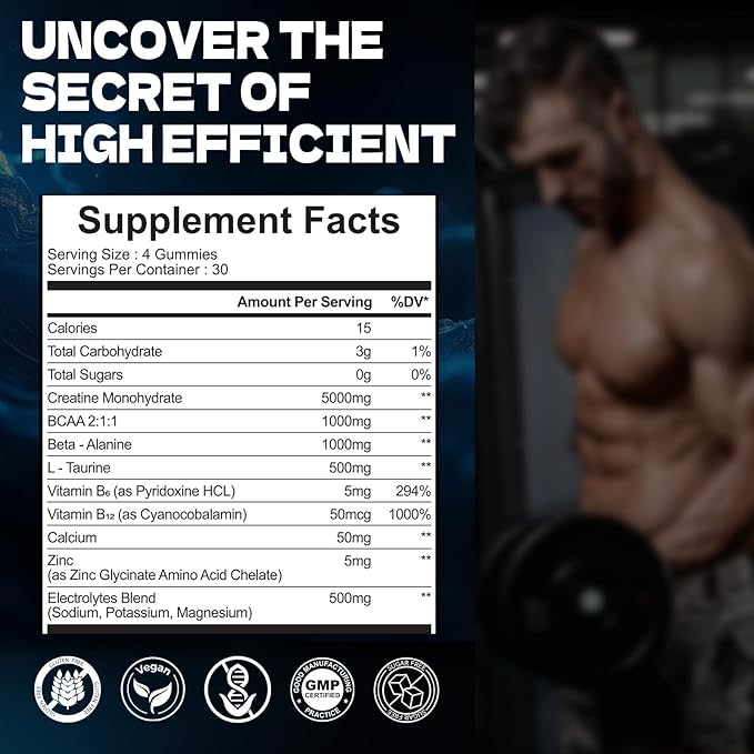 Creatine Monohydrate Gummies Complex 8000mg for Men & Women, Sugar Free Creatine Gummy with L-Taurine, BCAA 2:1, B12＆6, for Muscle Growth, Energy Boost & Recovery, Vegan, Gluten-Free, 120 Count