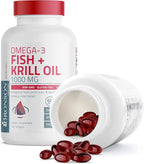 Bronson Omega-3 Fish + Krill Oil 1000 MG EPA DHA Astaxanthin Premium Blend - Joint, Brain & Eye Health - Non GMO, Heavy Metal Tested, 120 Softgels