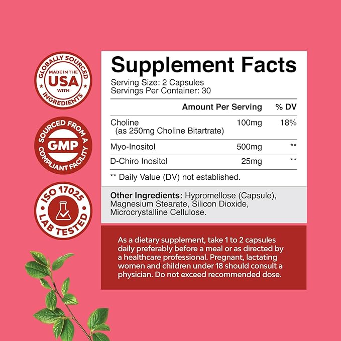 Myo-Inositol & D-Chiro Inositol Supplement for Women - Choline Supplement to Regulate Menstrual Cycle, Fertility & Hormonal Balance - Womens Hormone Balance Capsules with Myo & D-Chiro - 60 Count
