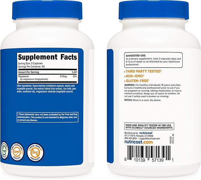 Nutricost Magnesium Glycinate Capsules (180 Capsules, 210 mg Per Serving) - Magnesium Glycinate Supplement for Gentle Absorption