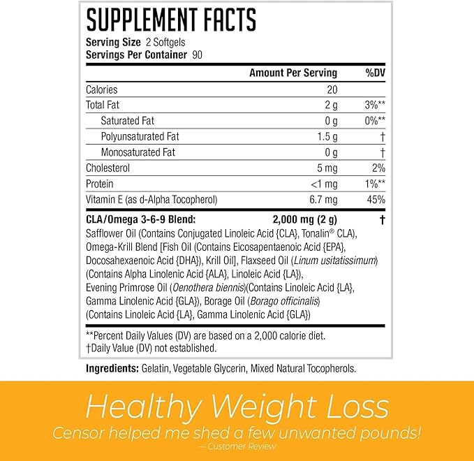 NDS Nutrition Censor - Fat Loss and Body Toner with CLA, Fish Oil, Safflower and Omega 3-6-9 Blend - Dietary Supplement for Improved Energy and Health (90 Softgels)