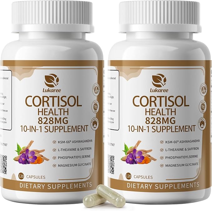 10-IN-1 Cortisol Supplements w/ KSM-66® Ashwagandha 300mg + L-Theanine 250mg, Magnesium Glycinate, Saffron, Phosphatidylserine, Turmeric & Vitamin C D3 B6 B5, For Women Men, 120 Capsules 2 Pack