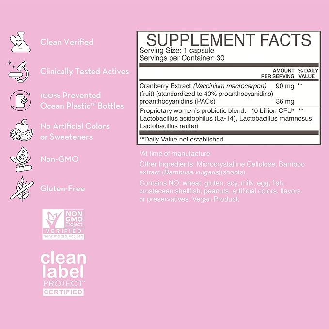 HUM Private Party Vaginal Probiotics for Women, pH Balance and Urinary Tract Support Vaginal Probiotic Supplement with Cranberry & Lactobacillus Blend, Women's Health Cranberry Pills, 90 Capsules