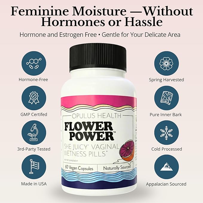 Flower Power Vaginal Moisture Support Capsules for Women — Vaginal Dryness Supplement with Powdered Slippery Elm Bark | Supports Vaginal Wellness During Menopause & Stress | 60 Count, Made in USA