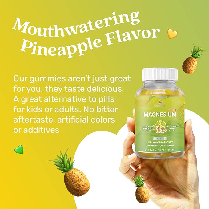 BeLive Magnesium Glycinate Gummies 200 mg - Sugar Free Supplement for Muscle Relaxation, Sleep Support, & Heart Health for Adults & Kids - Pineapple Flavor - 2 Pack, 120 Count
