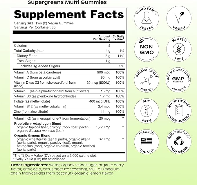 wholier Daily Supergreens Gummies, Greens Supplement with Prebiotics, Fiber, Adaptogens, Vegan Multivitamin, 9 Essential Vitamins + Minerals, 1g Sugar, 2 Gummy Serving (60 Gummies, 30 Day Supply)