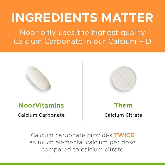 Noor Vitamins Halal Calcium Plus Vitamin D Bone & Immune Support | 600 mg Calcium & 800 IU (20 mcg) D2 per Tablet | aids in Absorption of Calcium into Bones, Non-GMO, Vegetarian & Halal (120 Tablets)