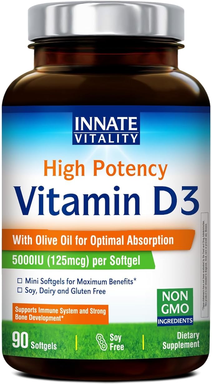 Innate Vitality Vitamin D3 5000 IU (125 mcg), High Potency Vitamin D for Bone, Teeth, and Immune Health Support, Non-GMO, No Soy or Gluten, in Olive Oil, Mini Softgels, 90 Count