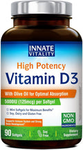 Innate Vitality Vitamin D3 5000 IU (125 mcg), High Potency Vitamin D for Bone, Teeth, and Immune Health Support, Non-GMO, No Soy or Gluten, in Olive Oil, Mini Softgels, 90 Count