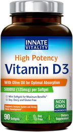 Innate Vitality Vitamin D3 5000 IU (125 mcg), High Potency Vitamin D for Bone, Teeth, and Immune Health Support, Non-GMO, No Soy or Gluten, in Olive Oil, Mini Softgels, 90 Count