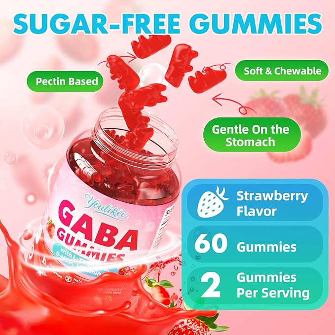GABA Gummies 500mg with L-Theanine, 5-HTP, Vitamins B6, B12, D3 and Ashwagandha, Melatonin-Free, GABA Supplements for Adult, Sugar-Free, Strawberry Flavor, 60 Count