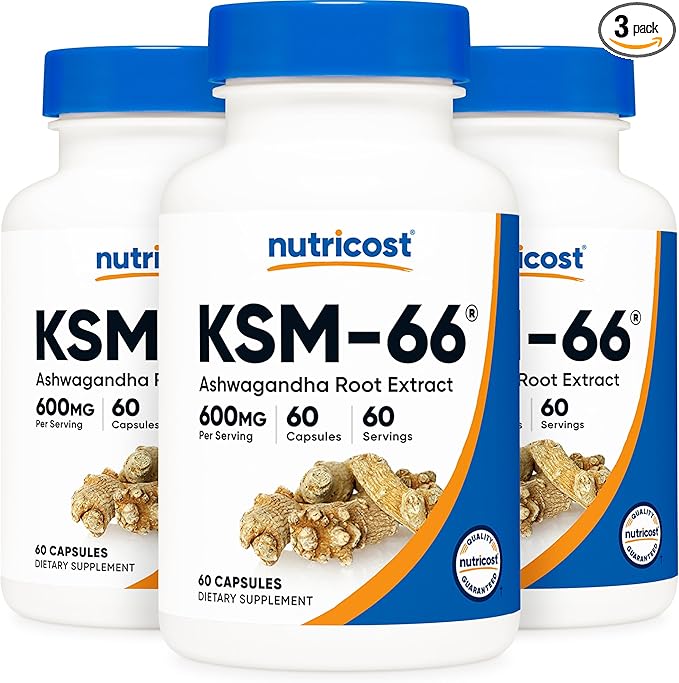 Nutricost KSM-66 Ashwagandha Root Extract 600mg, 60 Veggie Caps (3 Bottles) - 5% Withanolides - with BioPerine