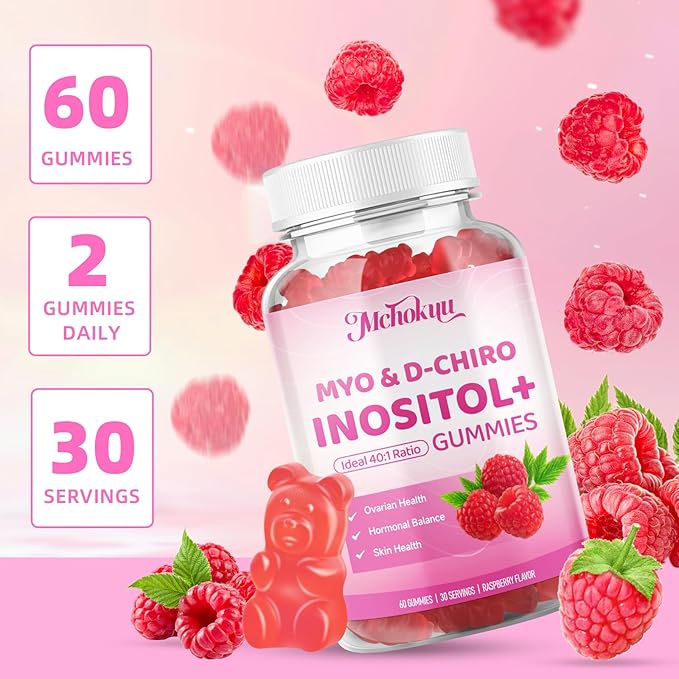 Myo-Inositol & D-Chiro Inositol Gummies, Ideal 40:1 Ratio Supplement for Women with Vitamin D3 & B12 for Support Hormonal Balance & Wellness, Sugar Free, Raspberry, 120 Count