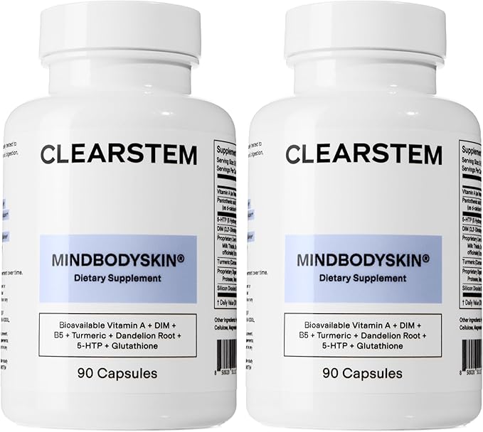 CLEARSTEM - MINDBODYSKIN Hormonal Acne Supplement (5-HTP) - Natural DIM Supplement - Skin Care Vitamins - Hormone Balance, Antioxidants - Gluten Free, Cruelty Free - 60 Servings, 180 Capsules