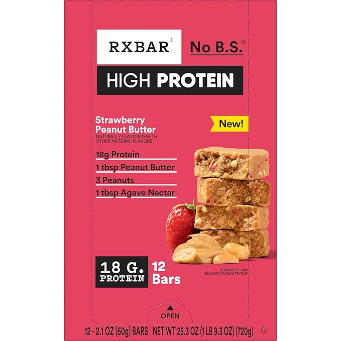 RXBAR High Protein Bars, Gluten Free, Protein Snacks, Strawberry Peanut Butter, 25.3oz Box (12 Bars)
