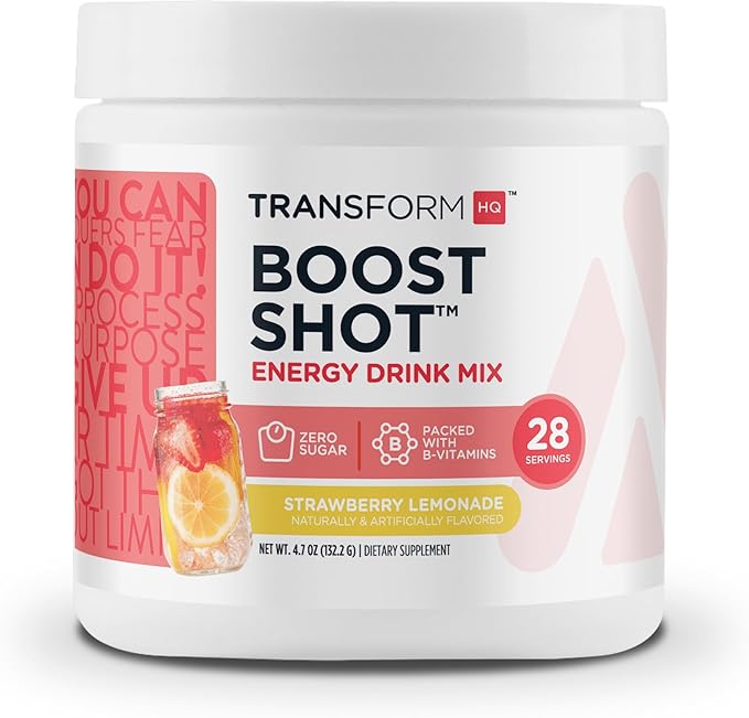 TransformHQ Energy & Focus Powder (Strawberry Lemonade) - Boost Shot Clean Energy Drink Mix - Sugar Free - Non-GMO, Gluten-Free, 28 Servings