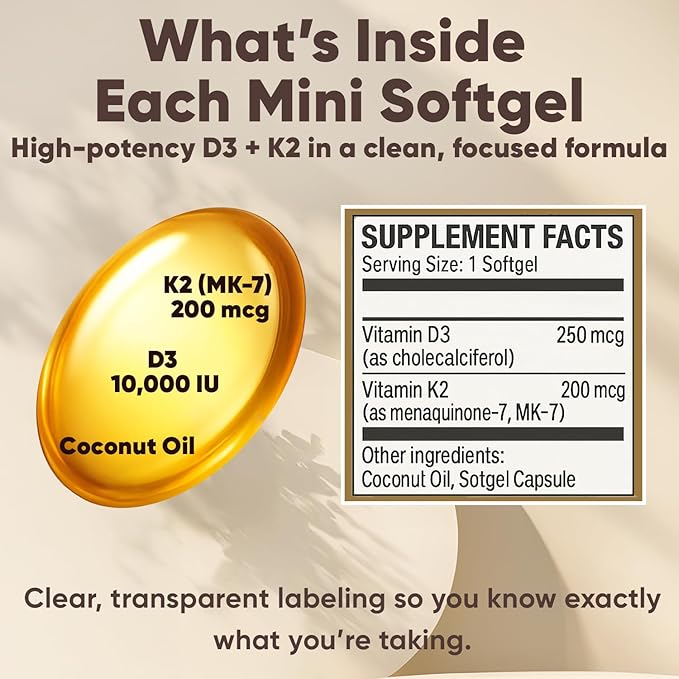 Real Good Essentials Vitamin D3 K2, Essentials D3+K2 (MK7) Coconut Oil 300 Softgels, with Vitamins D & K 10000 Iu Supports Calcium Absorption, Bone, Immune.(1)