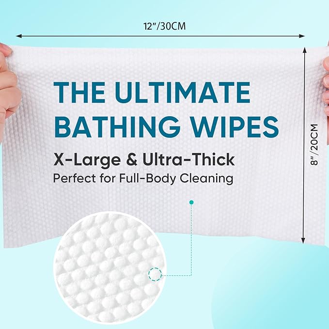 No Rinse Bathing Wipes for Adults - Extra Thick 8x12 Inch Disposable Shower Wipes, Hypoallergenic Unscented Body Cleansing Cloths for Bed Bath, Hospital, Travel, Camping - 100 Count(10 Packs)