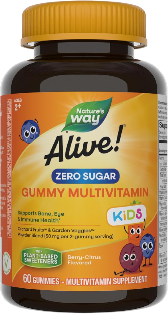 Nature’s Way Alive! Kids Zero Sugar Gummy Multivitamins, for Kids Ages 2+, Supports Bone, Eye & Immune Health*, No Sugar Alcohols, Plant-Based Sweeteners, Berry-Citrus Flavored, 60 Gummies