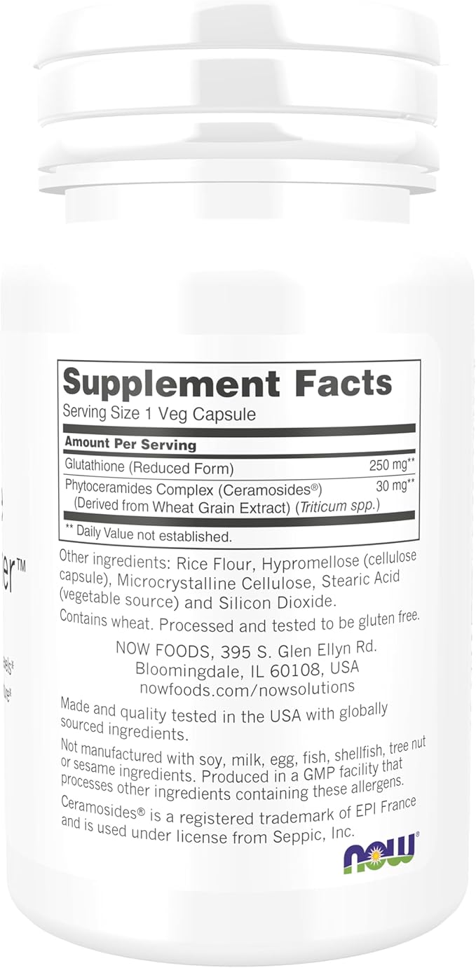 NOW Foods Solutions, Glutathione Skin Brightener with Ceramosides®, Moisturizing and Illuminating, 30 Veg Capsules