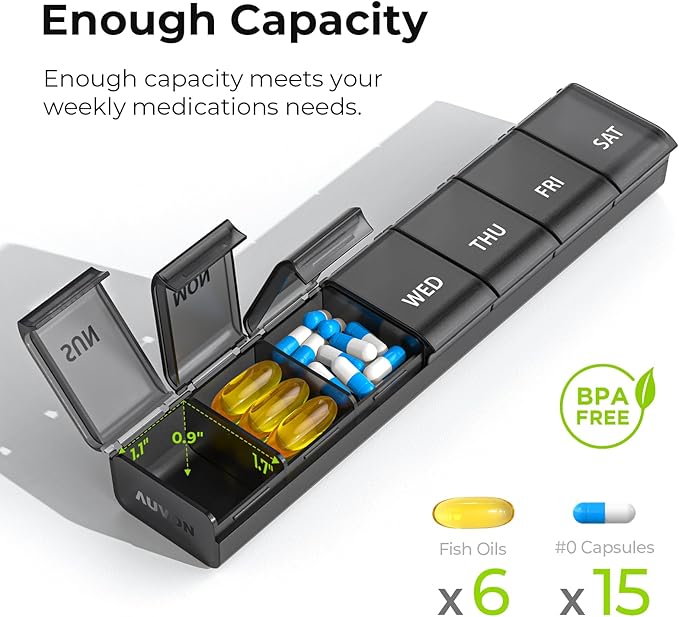 AUVON Weekly Pill Organizer with Effortless Opening Design, Arthritis Friendly Pill Box, BPA-Free Pill Organizer 7 Day, Cute & Portable Pill Case for Vitamins, Supplements and Medications